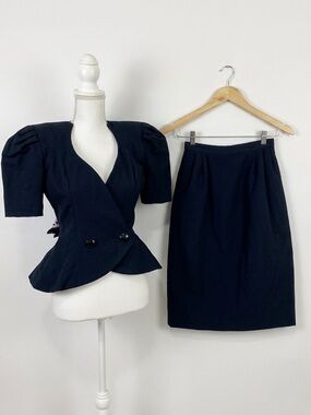 VTG Ann Lawrence Peplum Skirt Suit Set Black Jacquard Sequin Bow Puff Sleeve 4